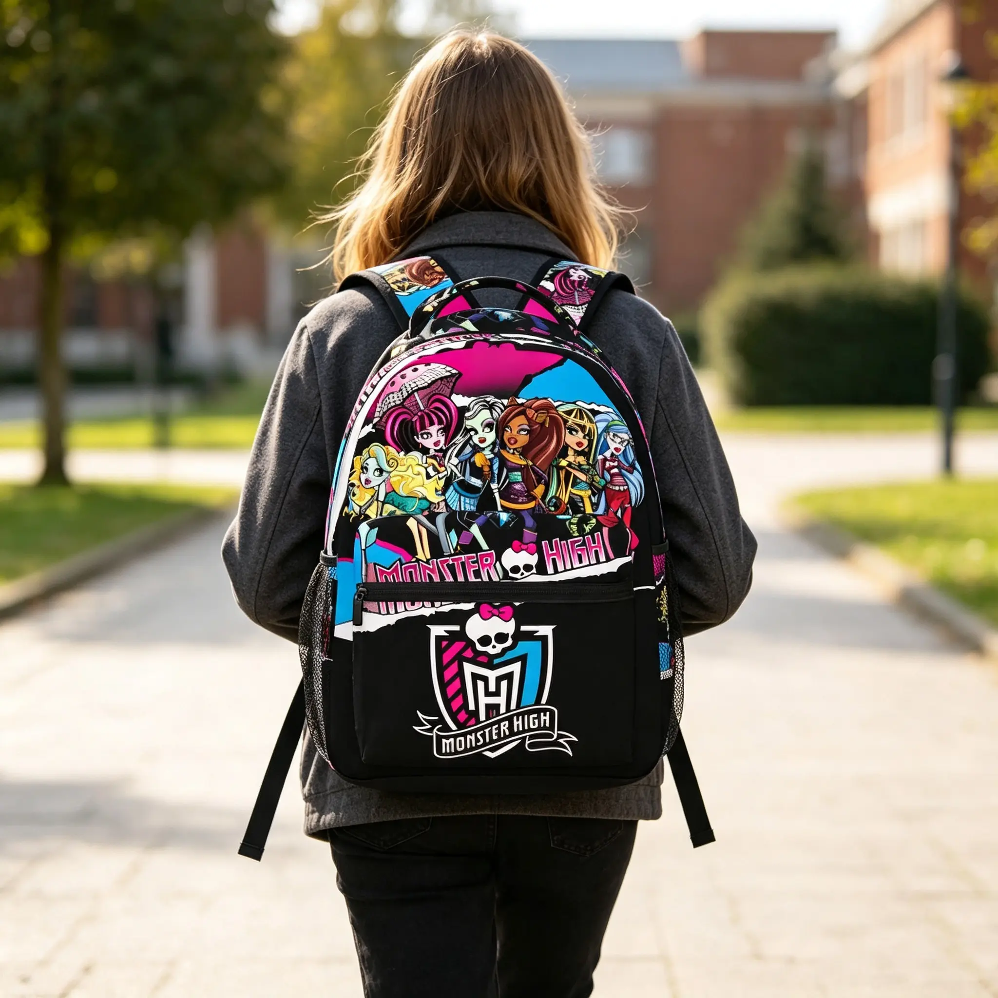 Monster High Book Bag Monster High Doll Girl and Teenager Fashion Printed Backpack, Perfect for School, Commuting, and Leisure Travel, Large Capacity Bag