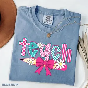 Comfort Colors Checkered Teacher T-Shirt - Floral Coquette Teacher T-Shirt, Preppy Teacher T-Shirt, Retro Teacher T-Shirt, Sublimation, Coquette Bow Tee