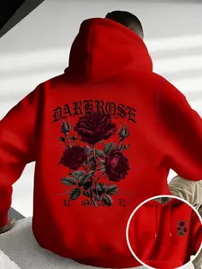 Men's Dark Rose Print Graphic Hoodie with Drawstring and Kangaroo Pocket, Dark Romance Hoodie, Comfortable Casual Fashion Pullover, Geometric Pattern, Fall & Winter, Floral Sweatshirt