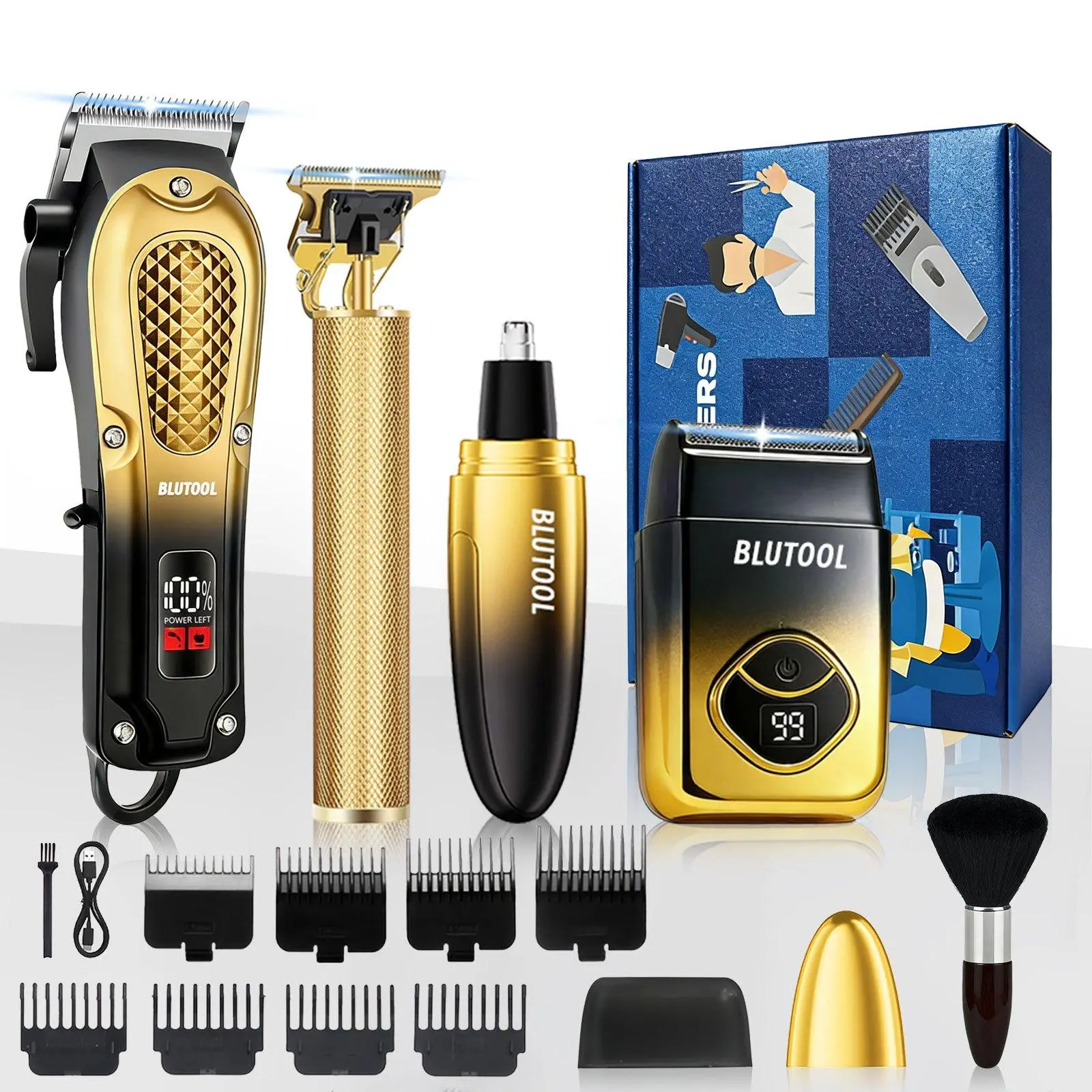 Stylish gradient-finish men's 4-in-1 electric shaver set (gold)—featuring an LED display, cordless hair clipper, beard trimmer, and grooming tools—makes an excellent gift for Christmas or birthdays.