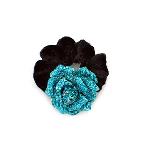 Rose flower pony tail holder with two tone color sparkling with crystals - Blue