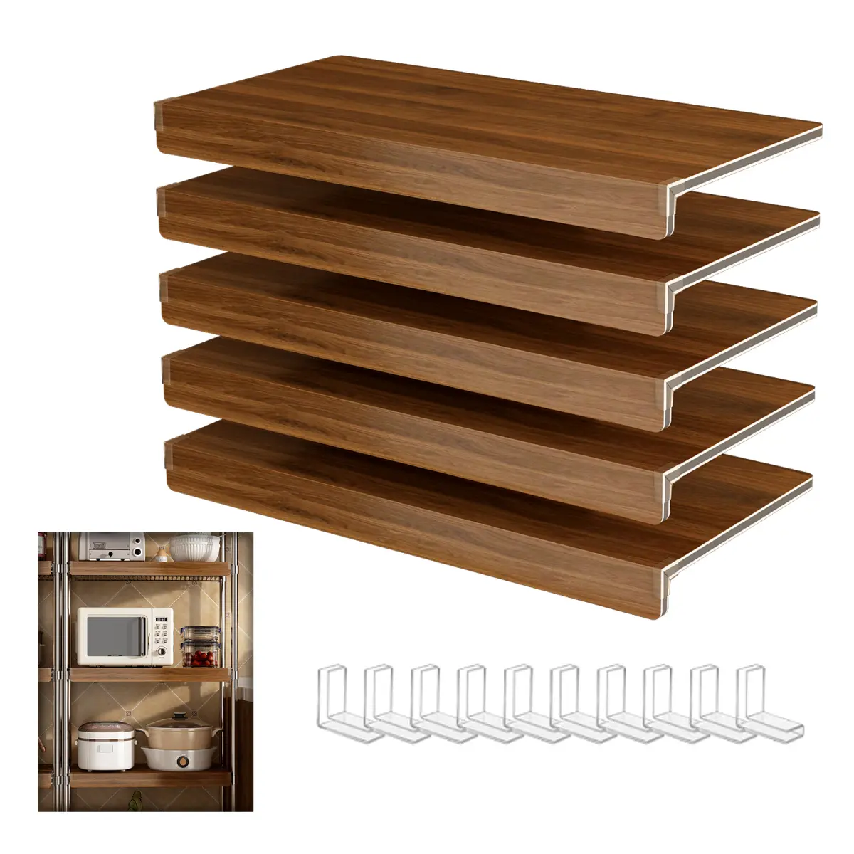 24*12 Inch 5‑Pack Walnut Wood‑Grain PVC Wire Shelf Covers with 10 Acrylic Right‑Angle Holders, Decorative Foamed Wire Rack Liners for Kitchen Bathroom Pantry Closet