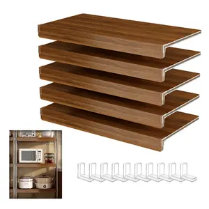 24*12 Inch 5‑Pack Walnut Wood‑Grain PVC Wire Shelf Covers with 10 Acrylic Right‑Angle Holders, Decorative Foamed Wire Rack Liners for Kitchen Bathroom Pantry Closet
