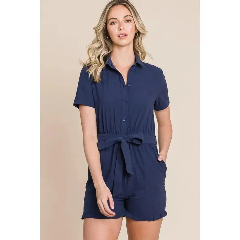 Navy Collared Button-Down Belted Romper