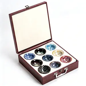 9PCS Unique Handmade Kiln Transformation Glaze Jianzhan Tea Bowls Set, Premium Lead-Free Non-Toxic Master Grade Ceramic Tea Cups with Exquisite Gift Box, Ideal Tea Collection & Luxury Gift for Tea Enthusiasts