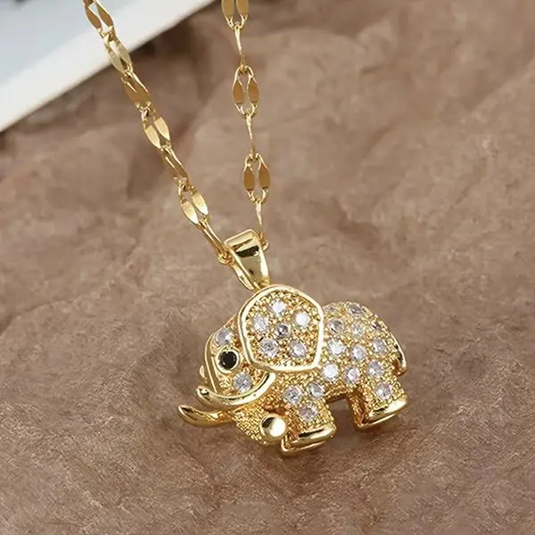14K Gold Vintage ethnic-style zircon elephant pendant necklace, stainless steel chain, casual everyday wear, creative party design, women’s jewelry