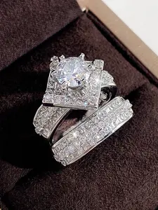 2 Pcs/Set Charm Cubic Zirconia Ring Set Solitaire Stackable Rings For Women For Wedding Engagement Anniversary Party Jewelry Valentine's Day Gift