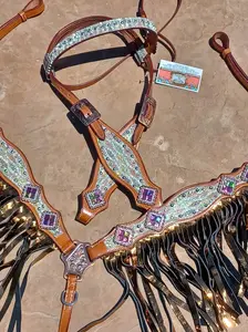 Cassidy, Diamond Sting Ray Texture Leather Glitter Sparkle 2 Piece Horse Tack Bridle Set Fringe