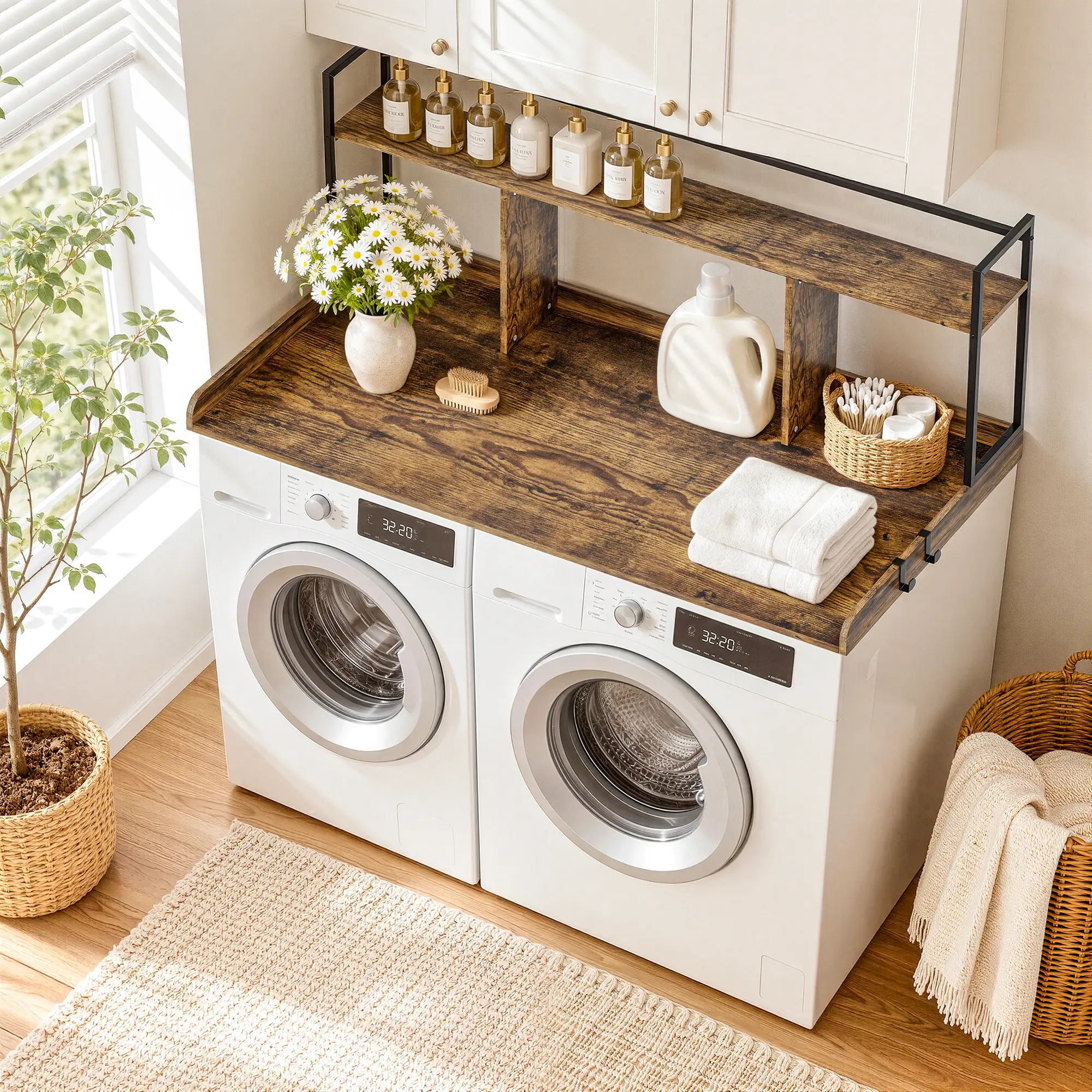 PEGZONE 2-Layer/1-Layer Washer Dryer Countertop Organizer, 54" Heavy Duty Laundry Room Shelf with Anti-Slip Pads, Steel & MDF Wood Topper over Washer Dryer Storage Shelf with Hooks