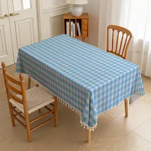 Light Blue Gingham Printed Tassel Tablecloth, Pastoral Freshness, For Dining Room, Picnic, Balcony Table, Refreshing Decor