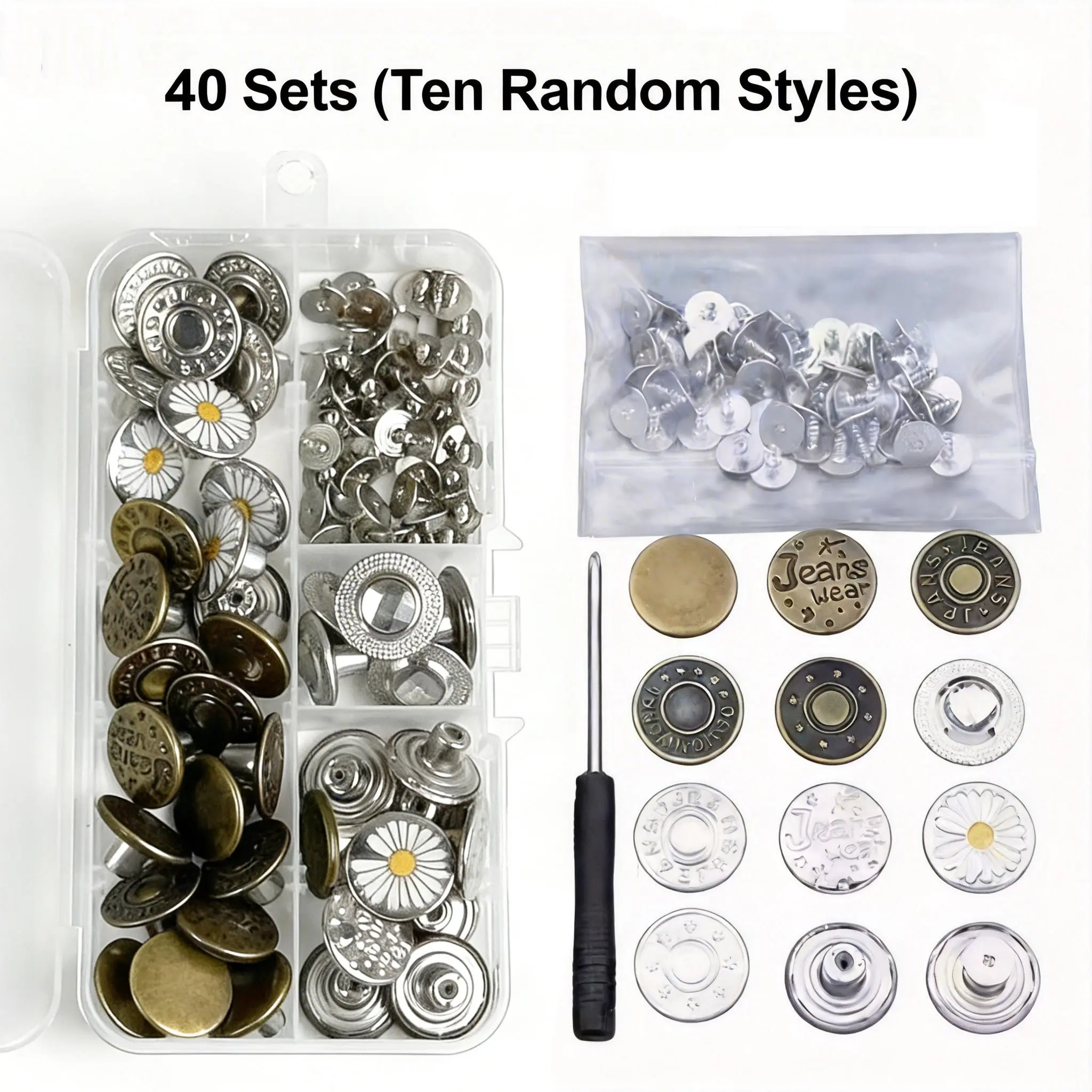 40-Piece 17mm Adjustable Removable Metal Jean Snap Tacks Kit - No-Sew Design Jean Buttons for Quick Repairs, Includes Thread Rivets & Screwdrivers (Adjustable Fit)