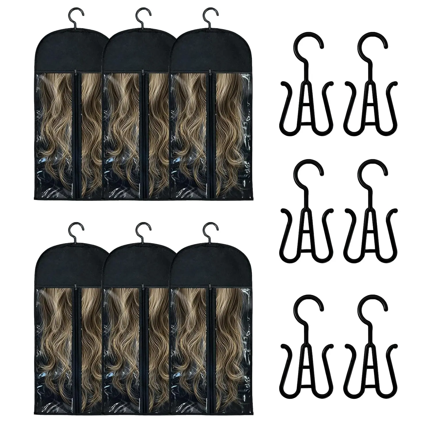 6PCS Wig Storage Bags with Hanger, 23.6" x 11.8"Wig Storage for Multiple Wigs,Breathable and Easy Carry Home Hair Travel Use Black Wig Organizer,dorm essentials,home essentials