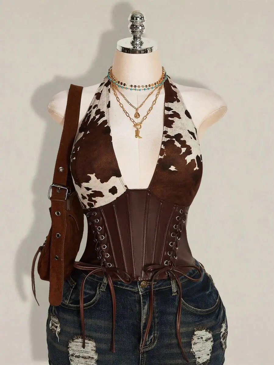 Women's Plus Size Suede Vest Deep V-Neck Halter Backless Cow Print Patchwork for Night Out