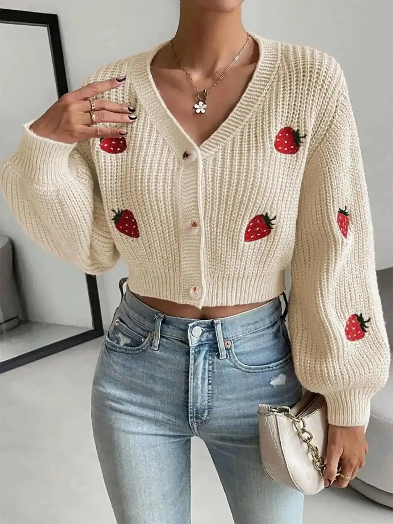 Women's Sophisticated Strawberry Embroidery Button Front Crop Cardigan, Casual Drop Shoulder Long Sleeve V Neck Knitwear Fit Medium for Fall & Winter, Fashion Ladies' Knitting Clothing Tops for Daily Wear