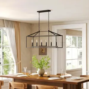 Tribesigns Farmhouse Dining Room Light Fixtures Over Table, 6-Light Candle Holder Kitchen Island Pendant Lighting, Industrial Linear Chandelier Pendant Lights with Adjustable Iron Chain black