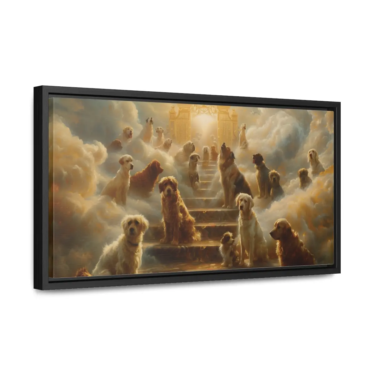 All Dogs Go to Heaven: Oil Painting Style Canvas Print - Stairs to the Golden Gates in Clouds - Heartwarming Pet Memorial Art