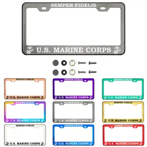 US Marine Corps Semper Fidelis Laser Etched License Plate Frame Metal Screw Cap Purple Black Blue Gold Neo