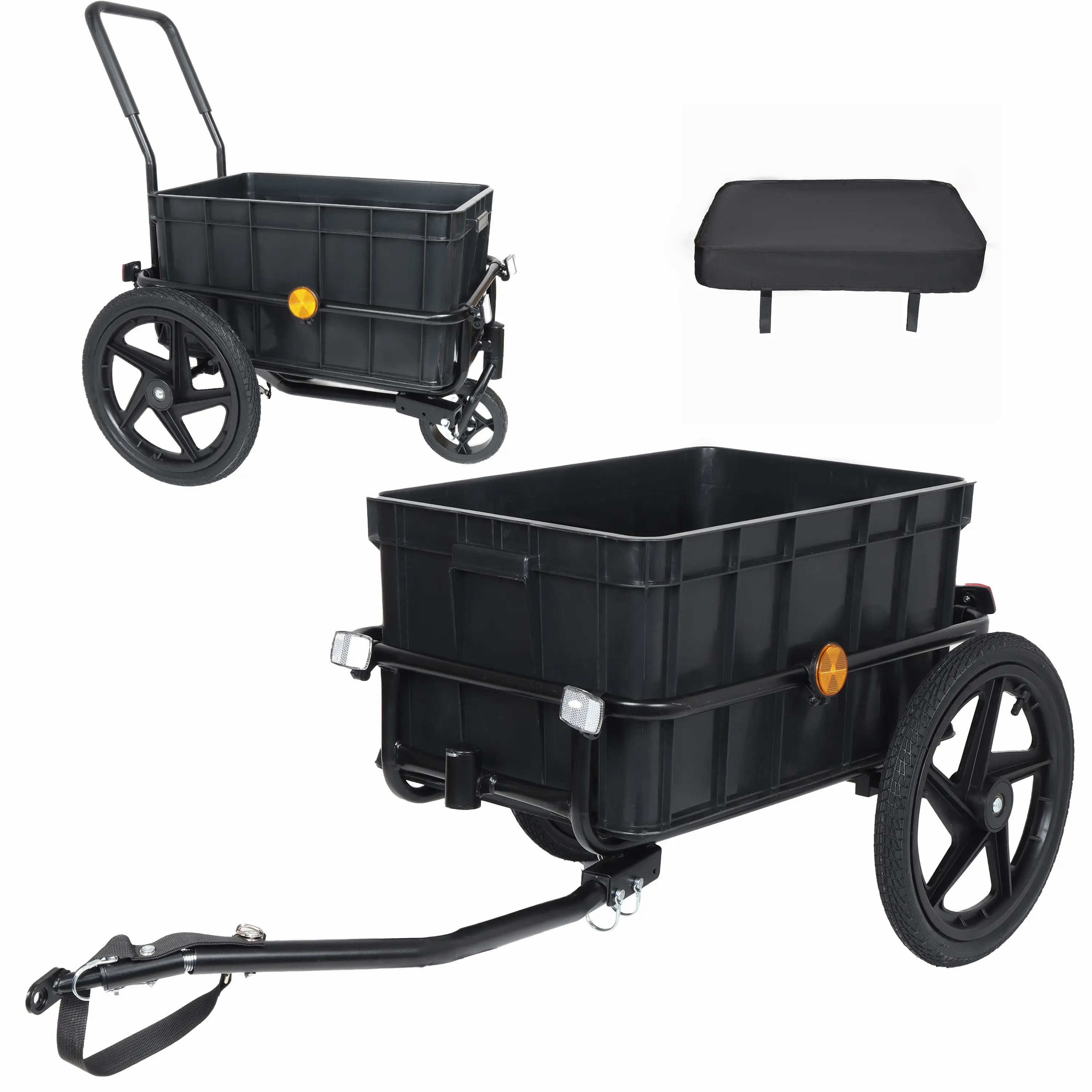 [Bellemave]2-in-1 Bike Cargo Trailer Pushcart, Bicycle Trailer with Removable Box and Waterproof Cover,Pushcart Stroller with Tow Hitch and Removable Handlebar, black