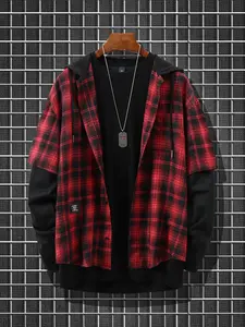 Men's Oversized Hooded Plaid Shirt, Street Style Loose Fit Patchwork Long Sleeve Jacket, Casual Trendy Men's Top for All Seasons
