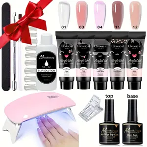 Polymeric Gel Nail Extension Set, Including 5 Pieces Of Extension Glue, Nail Lamp, Primer, Wash Free Seal, Pen Wash Water, Transparent Nail Mold And A Full Set Of Polymeric Gel Nail Tools, Suitable For Beginners Of Nail Enhancement And Holiday Gifts