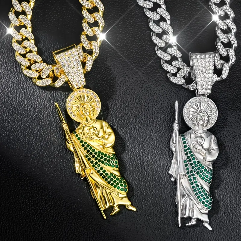 18K Gold Plated San Judas Tadeo Pendant Necklace - Vintage Hip Hop fashion Style Rhinestone iced Cuban Chain, Unisex Religious Jewelry Daily Party Wear Durable Zinc Alloy Symbolic Accessories
