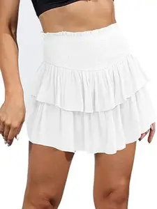 IDEALSANXUN Ruffle Mini Skirt for Women Smocked Waist A Line Cute Short Flowy Beach Casual Pleated Womenswear Bottom Elastic Lightweight Flare Tie Front tennis skort summer lace floral skirt Women's High Waist Ruffle Mini Skirt Stretchy Elastic eyelet