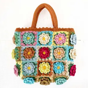 Handmade Crochet Granny Square Bag: Colorful Boho Yarn Tote