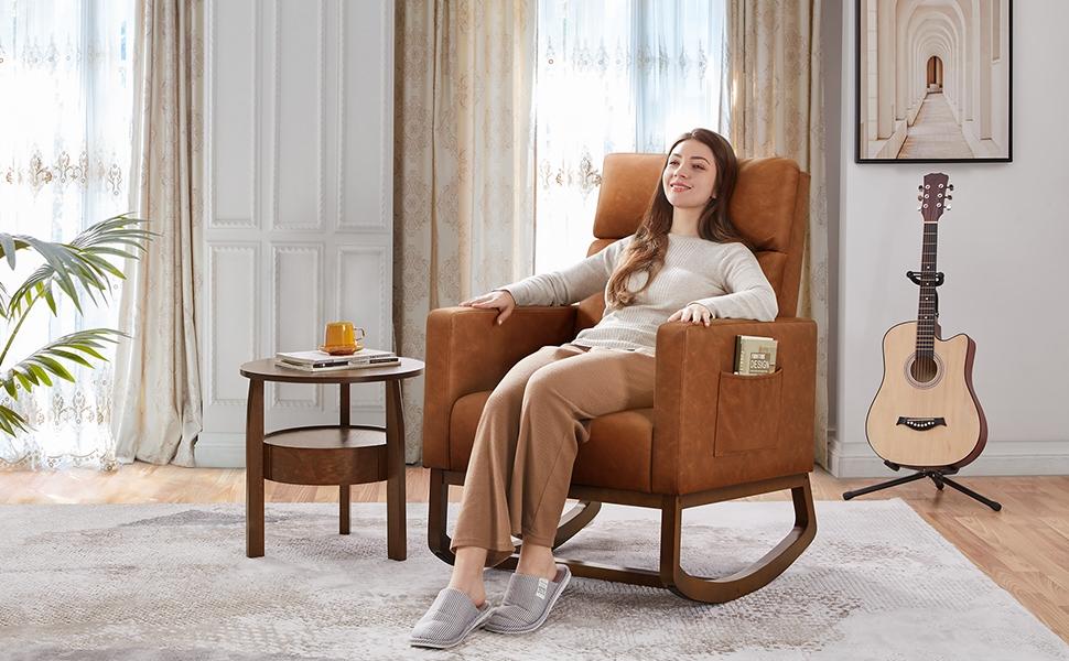 Yaheetech Rocking Chair Upholstered Glider Chair with Solid Wood Legs, Rocking Accent Armchair with High Back and Side Pocket for Living Room Bedroom
