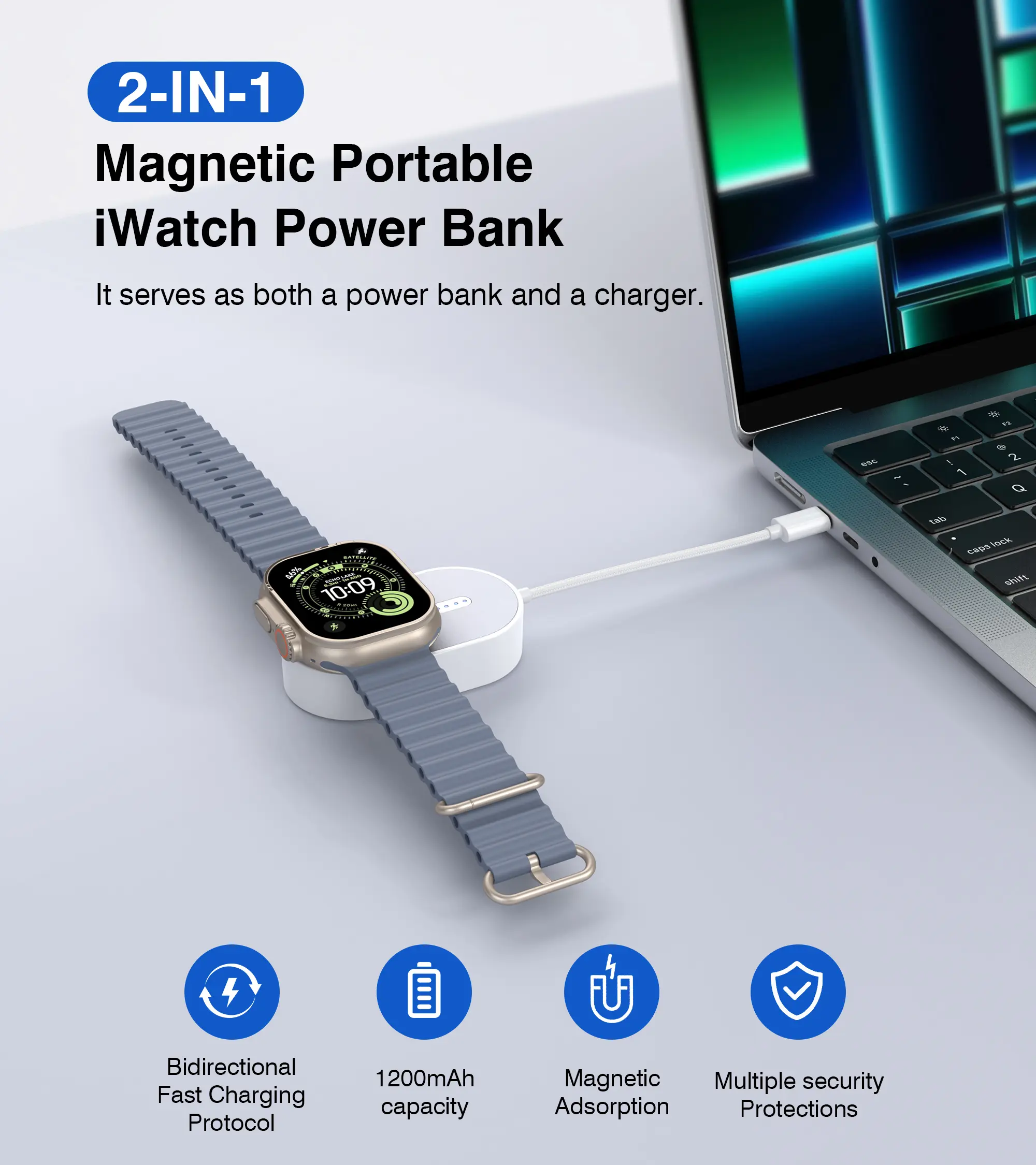 PD20W USB-C Charger Mini Block, 1200mAh Compact Battery Chargers Easy to Carry Charging Solution, Cordless Charging for Watch Wireless Watch Pad, White Fast Charging Power Bank