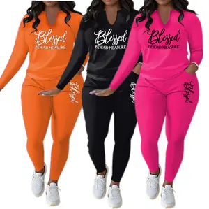 Plus Size Elegant Loose Fit Solid Color Letter Two Piece Set, V Neck Long Sleeve Top And Long Pants Clothing, Women's Plus Size Clothing Womenswear Fashion Suits Simple Soft Sun Comfort ，Casual Wear Suitable For a Vacation Breathable Fabric Beach Curvy