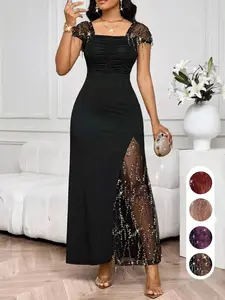 Spring Summer Knit Dress, Evening Gown, Long Sleeve Party Dress, Elegant Mesh Overlay, Sequins & Fringe Detail, Perfect for Weddings