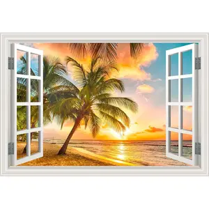 Summer Beach Coconut Tree Ocean View Wall Sticker, Artificial Window Poster Art Decoration, Natural Landscape Sea Scene