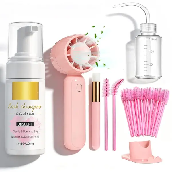 【SUMMER VIBES】3.38oz Lash Shampoo Kit for Eyelash Extensions & Gentle Mousse Cleanser & Mini Pink Handheld Fan - Easy for Beginners & Makeup Care
