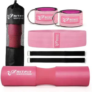 RitFit 7 Pcs Barbell Squat Pad Set, with Resistance Band, 2 Safety Straps, 2 Gym Ankle Straps & Carry Bag, Upgraded Neck & Shoulder Protective Pad Support for Squats, Lunges & Hip Thrust (Pink/Black)