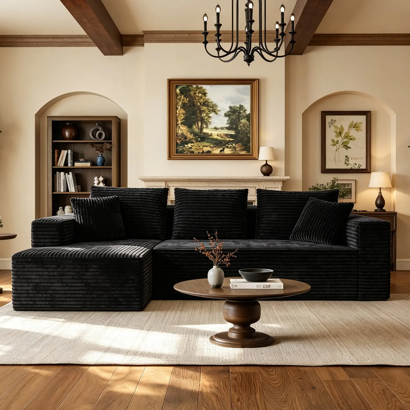 106in Black Left Chaise Modular L-Shape Boneless Sleeper Sofa - Plush Corduroy Furniture, Comfy Coil Spring Deep Seat, Armrest, No Assembly, Space-Saving Compression Convertible for Living Room,sohochic
