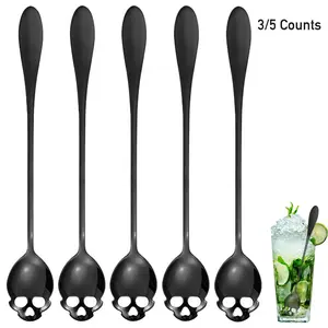 Skull Shaped Gothic Ice Tea Spoon, 3/5 Counts Stainless Steel Coffee Stirring Spoon, Kitchen Accessories Tableware for Home Cafe Bar, Party Supplies, Utensils