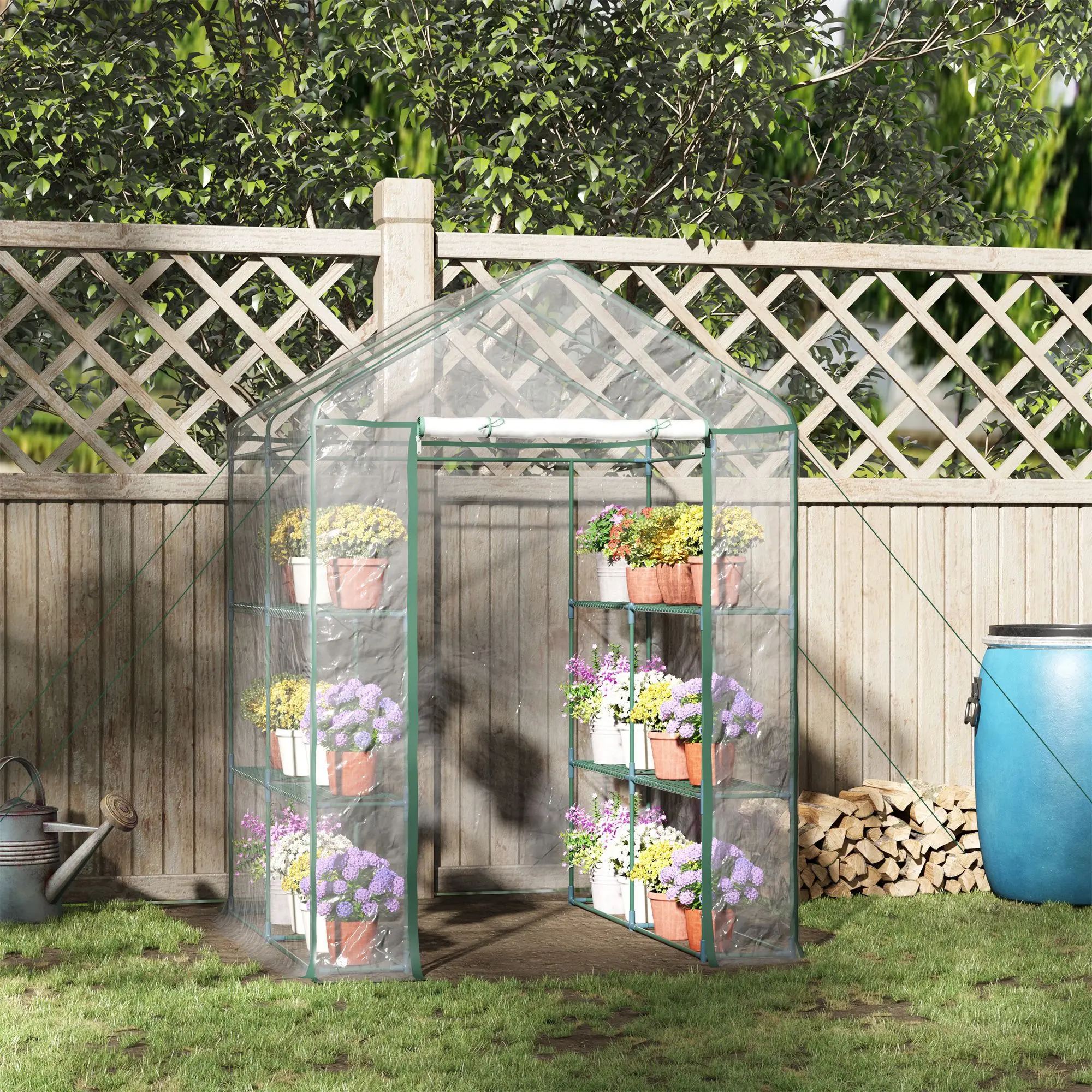 Outsunny Outdoor Lightweight Steel Mini Walk-in Greenhouse Kit, 3-Tier Shelf Unit with Roll-Up Door, Weatherized Plastic Cover for Backyard Garden Plant Germination, Mini Greenhouses & Plant Germination Equipment with Shelf Capacity