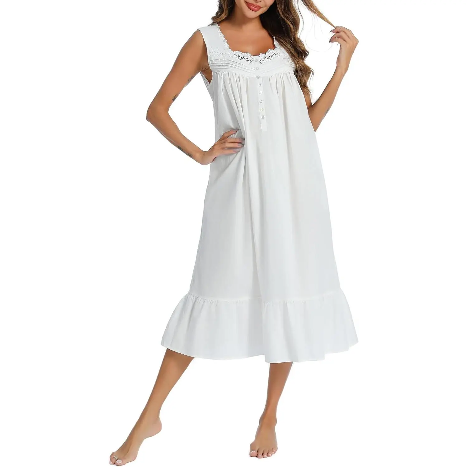 Women's 100% Cotton Lace Trim Night Gown - Sleeveless, Soft Stretch Fabric Moves With You, Breathable, Knee-Length Braless Sleepwear, Easy-Remove Button Placket, 2 Side Pockets, Pleated Back, Multi-Size Indoor Loungewear, Basic Nightdress For Women, Lace