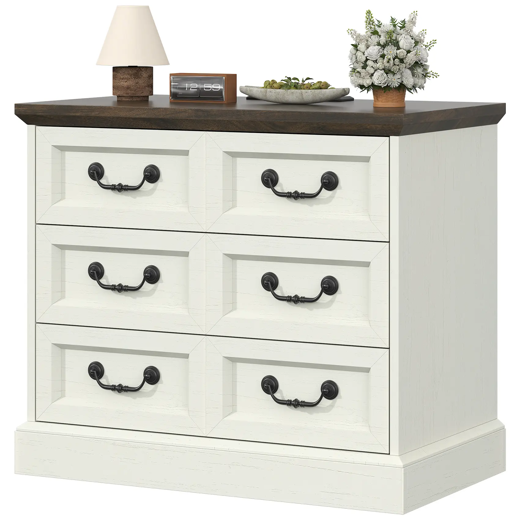 Farmhouse Night Stand with Charging Station, 27.6" Wide White Wood Nightstand with 3 Drawers Dividers Storage, Larger Bedside Table, Side Table End Table, for Bedroom, Living Room, Sofa