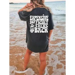 Women's " Expensive Difficult and Talks Back" Slogan Print Skeleton Hand Graphic Round Neck Tee,