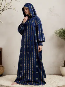 Golden Line Prayer Abaya for Women, Soft Cotton Double Hood Islamic Dress, Plus Size Modest Muslim Outfit for Ramadan, Eid & Daily Prayer