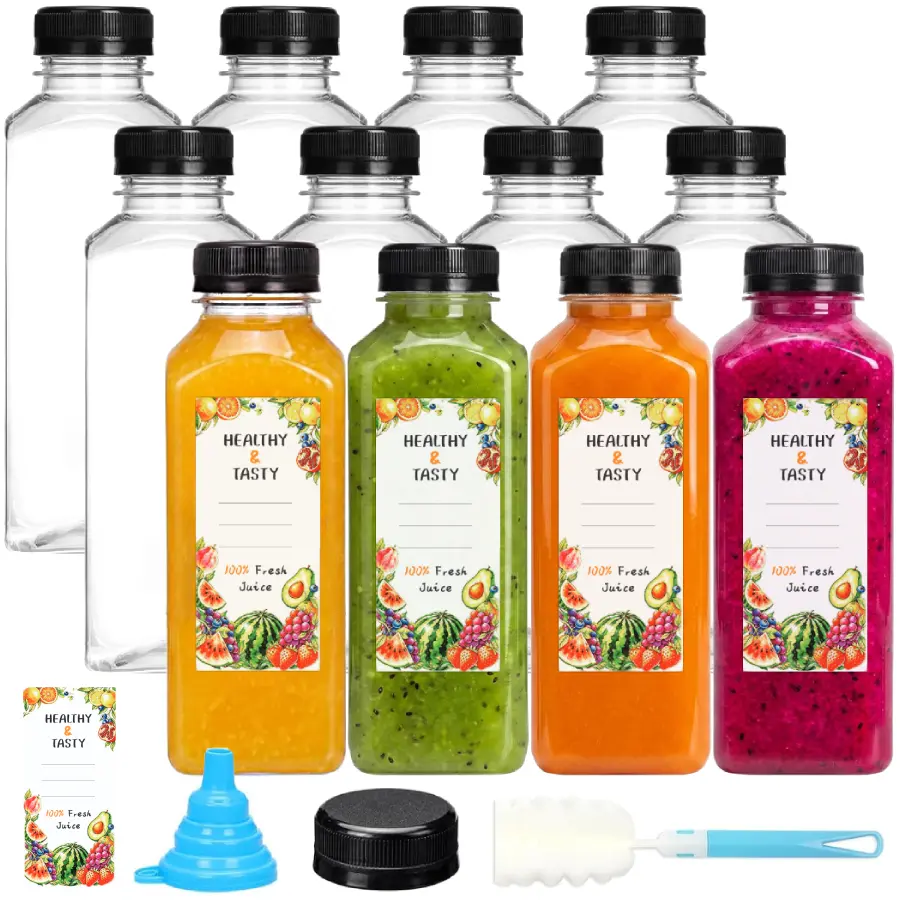 16Oz Durable Plastic Material Juice Bottles (6/12Pcs) with Leak-Proof Caps, Fridge-Friendly Home Supplies Canisters Set for Smoothies, Ginger Juice - Home Storage Plastic Bottle Organisers