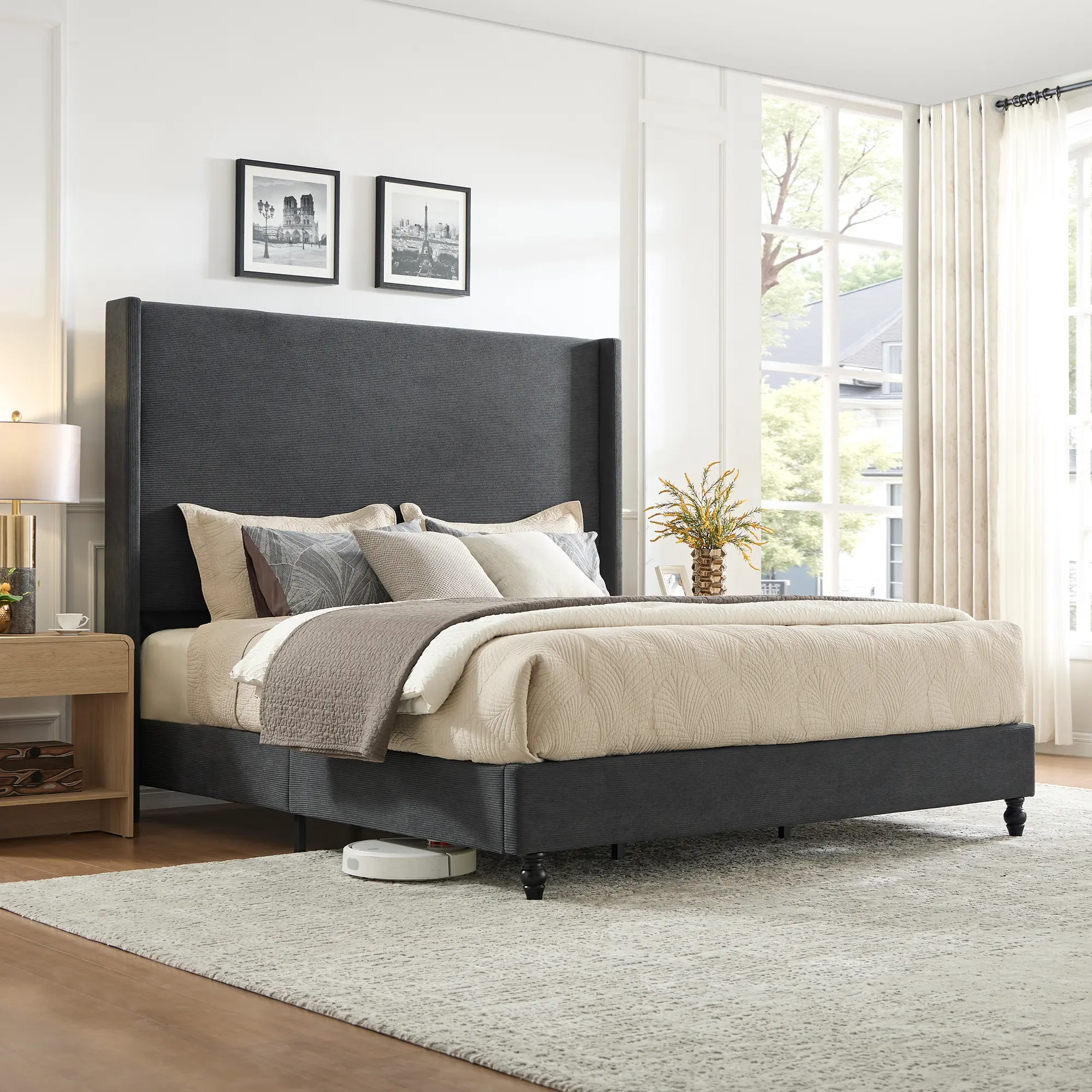 AMERLIFE Bed Frame with 63" Tall Headboard, Horizontal Fine Corduroy Bed Frame with Wingback, Upholstered Platform Bed, Vintage Solid Wood Gourd Legs, No Box Spring Needed[tiktokshopbacktoschool][SohoChic]