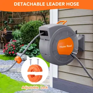 Wall Mounted Retractable Garden Hose Reel 1/2" x 100FT, Auto Rewind 180° Swivel Hose Reel with Adjustable Lock and 9-Function Sprayer for Outdoor Watering