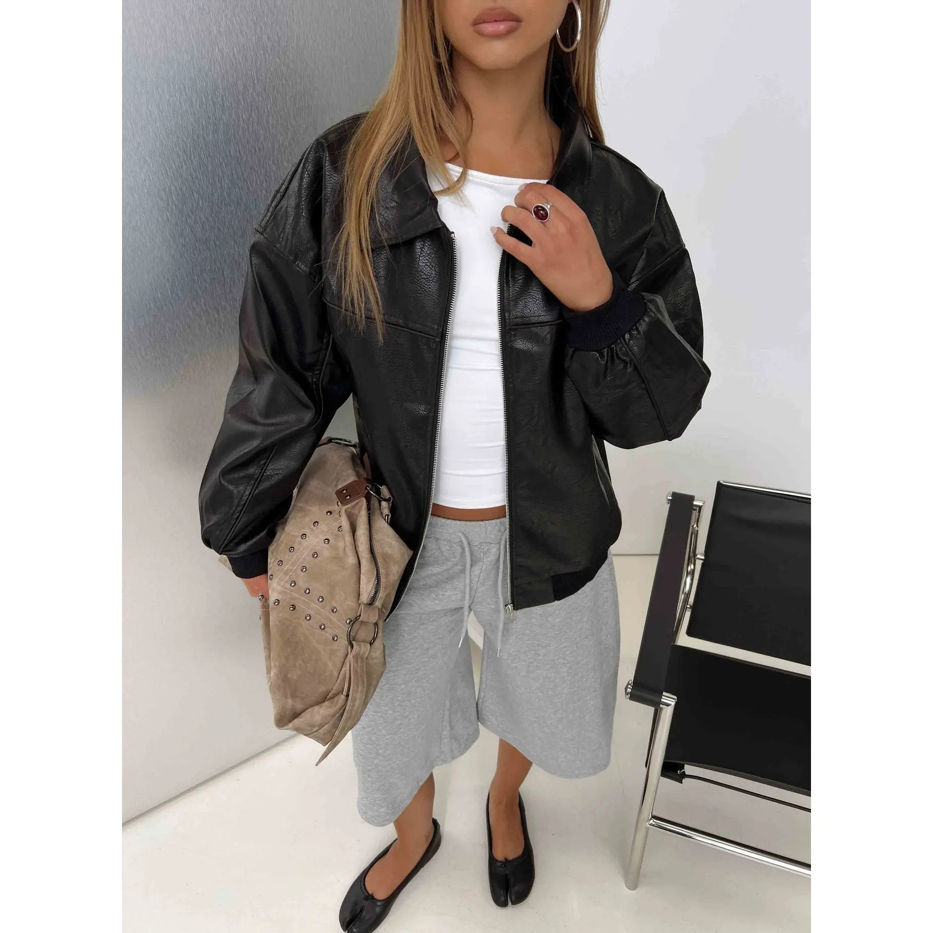 Goldsmith Faux Leather Bomber Jacket Black