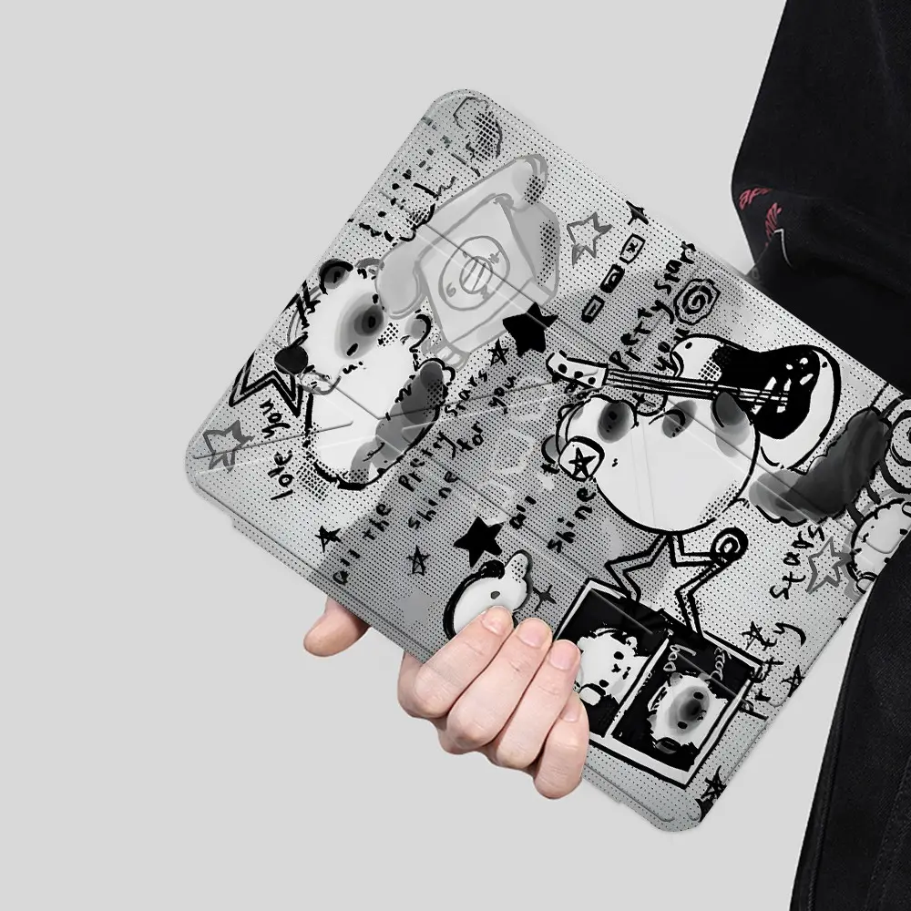 Black Cartoon Doodle Pretty Stars iPad protective case, Tablet protective cover, Tablet Casing, transparent acrylic Y folding stand for all models of iPad including 7.9/8.3/10.2/10.5/10.9/11 inch, all-round protection against scratches and impacts