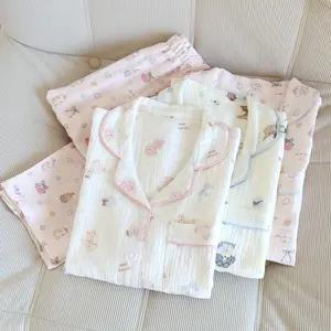 2026 pure cotton women's pajamas for spring and summer, thin, full cotton, double-layer cotton gauze, long-sleeved, loose, casual home wear two-piece set