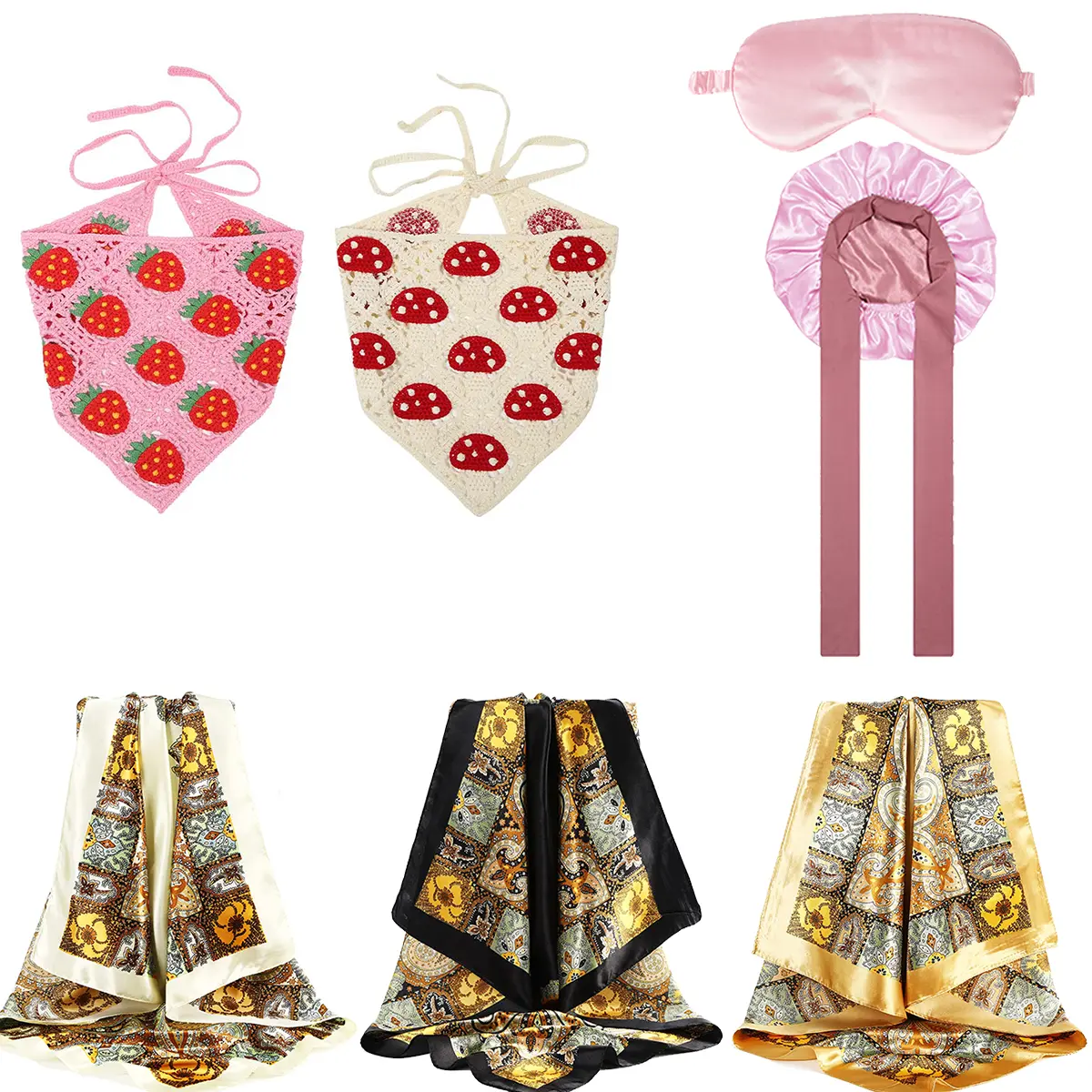 Fashion Product Combination Set-  2Pcs/Set Knitted Headbands+Bonnet eye mask+ 3Pcs/Set Large Square Headscarf