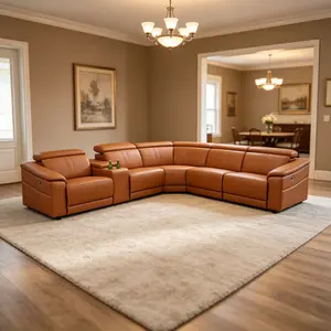 6-Piece Modern Light Brown Breathing Leather Multifunction Recliner Premium Sofa Set, Soft Full Padding, Low Maintenance, Stylish Practical Indoor Leisure Furniture, Multifunction Sofa Sets, Recliner Sofa Sets