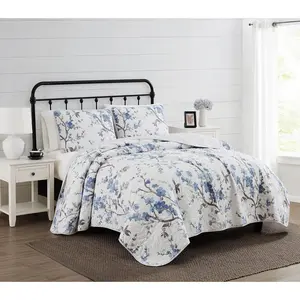 Kasumi Floral Set White and Blue 3-Piece Full/Queen Set, Floral, 100%, for Men and, Oeko-TEX Certified Confidence